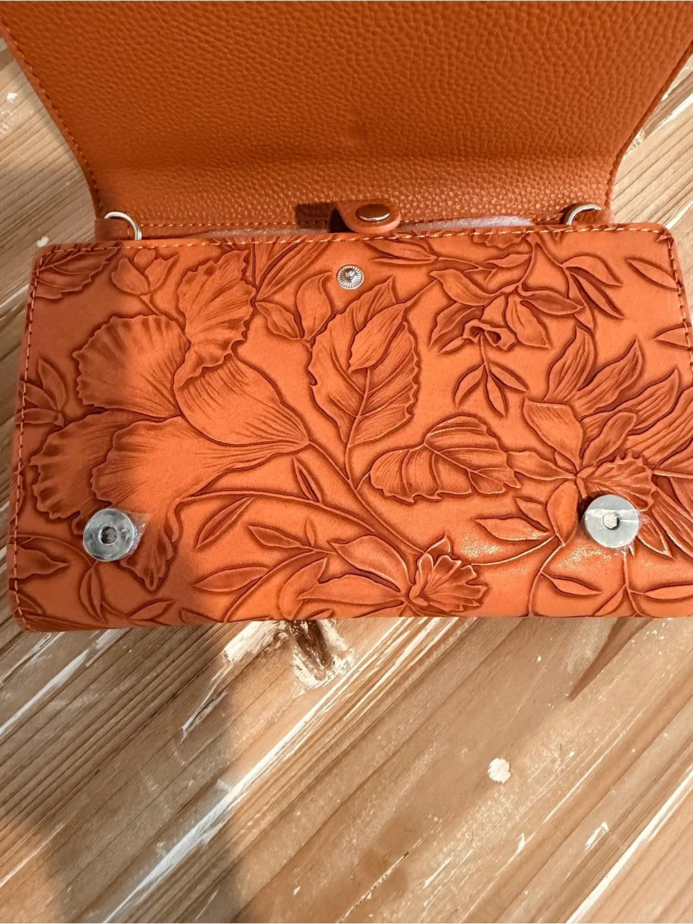 NWT Save the Girls Floral Embossed Camel Vegan Leather Crossbody Clutch